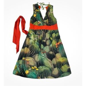 Anthropologie Eva Franco Dress Womens Size 0 Green Floral Leaf Print‎ Shift Tie